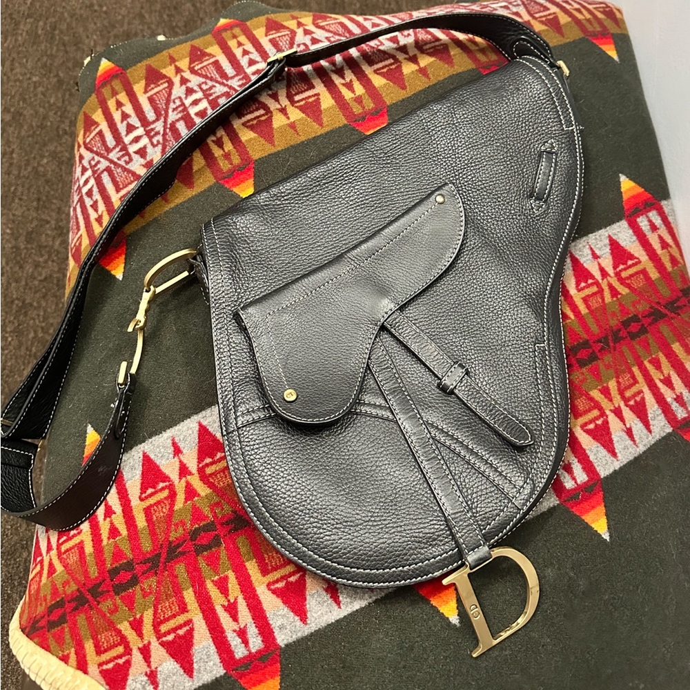 Christian Dior Extra Rare Large Black Leather Saddle Bag with Brass Hardware Y2K